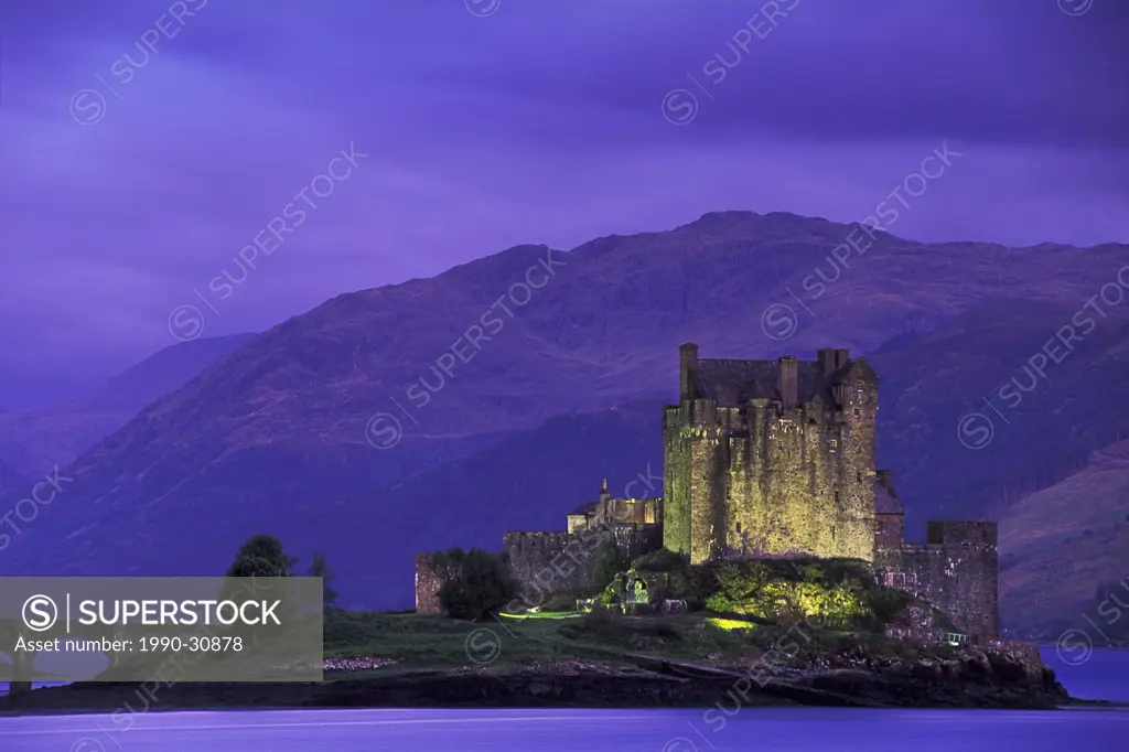 Eilean Donan Castle at Twilight, Loch Duich, Dornie, Highlands, Scotland, United Kingdom