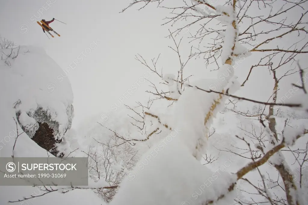 A skier in mid air after jumping a cliff in Furanodake backcountry, Hokkaido, Japan