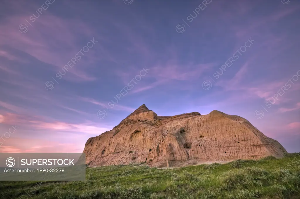 Castle Butte during sunset in the Big Muddy Badlands, southern Saskatchewan, Canada