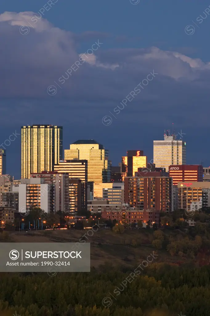 Downtown Edmonton at sunset and passing storm clouds, Edmonton, Alberta.