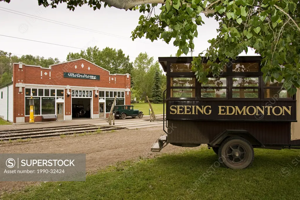 Old garage and vehicle at Fort Edmonton, Alberta.