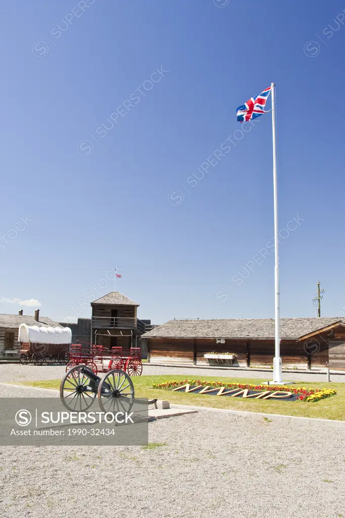 Union Jack flag and cannon at the Museum of the North West Mounted Police, Fort MacLeod, Alberta.