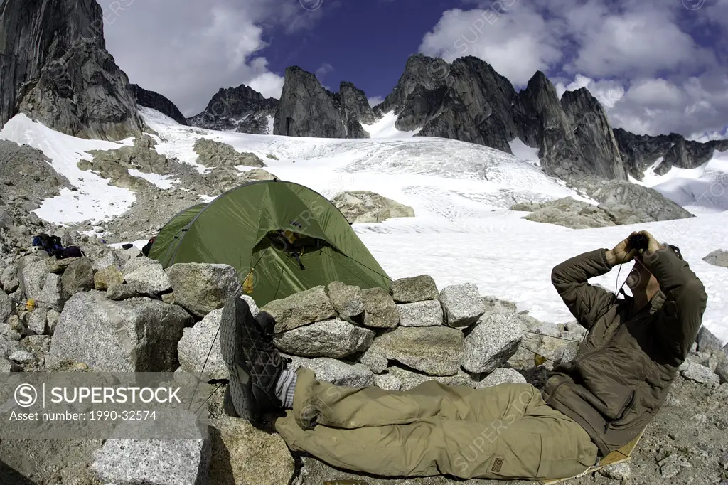 Base camp at Howser Spire or Howser Spire Massif, is a group of three distinct granite peaks, and is the highest mountain of the Bugaboo Spires