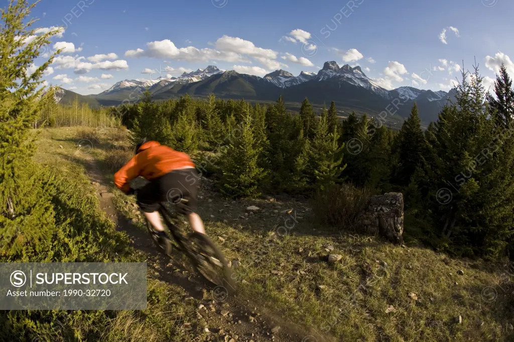 Male mountain biker enjoying the Canmore Nordic Center trails in the fall, Canmore, AB