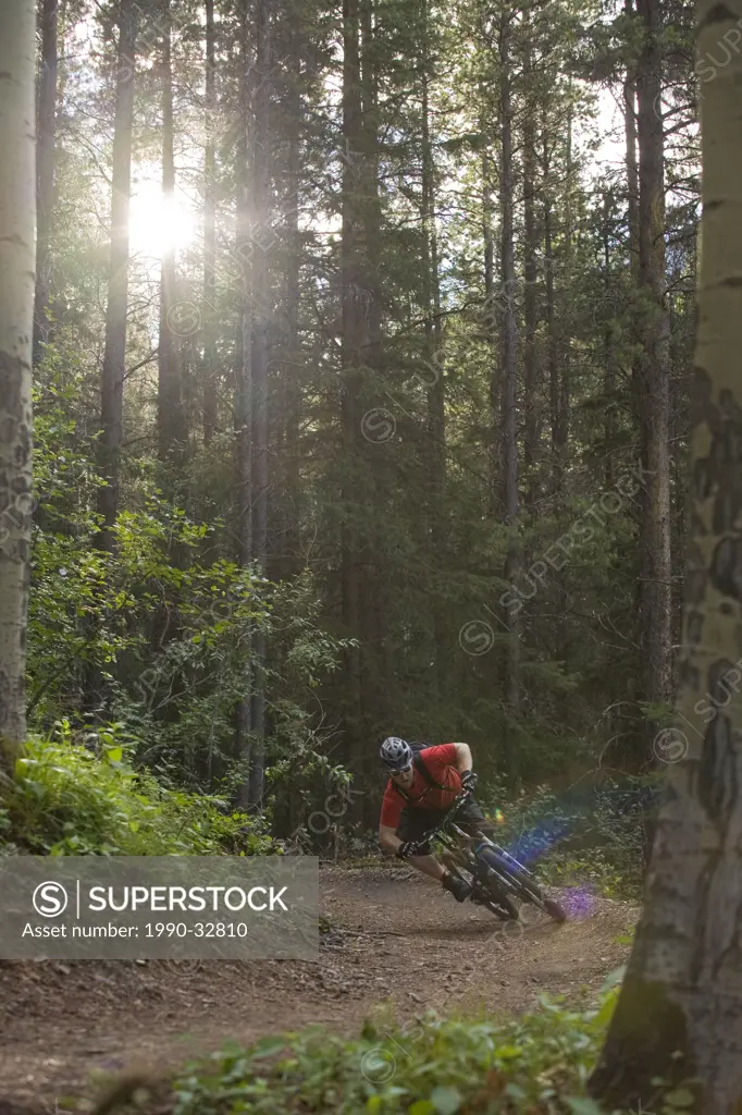 A mountain biker rides the highline trail in Canmore, AB