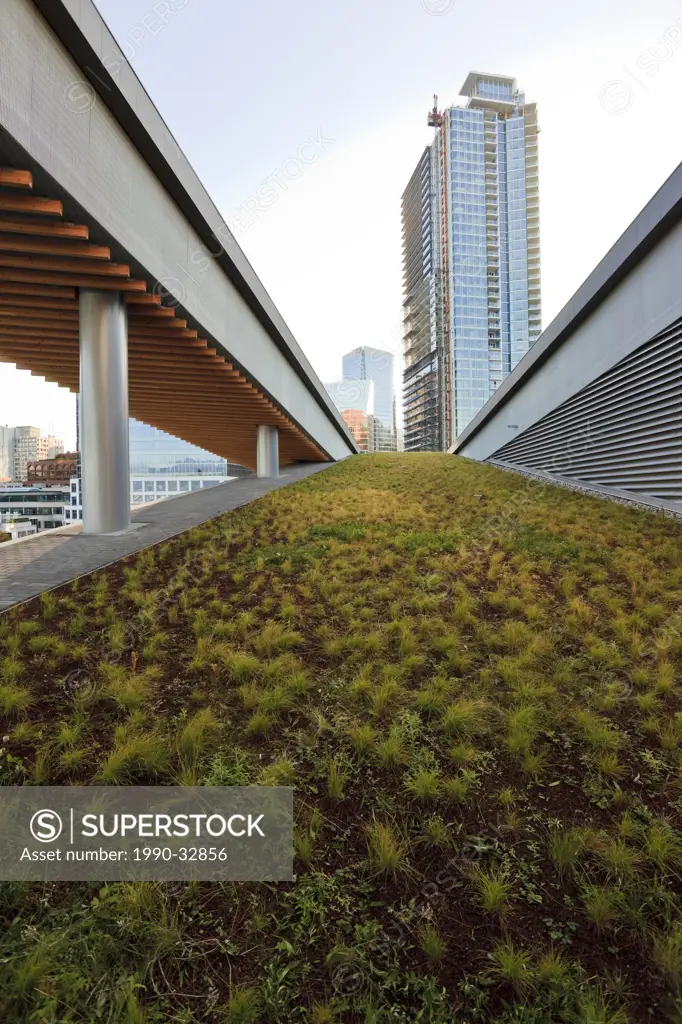 A portion of the Green living roof on the new Convention Centre on the Coal Harbour waterfront in downtown Vancouver British Columbia Canada.