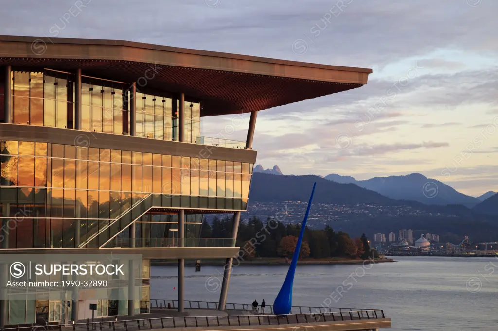 The new Convention Centre in Coal Harbour downtown Vancouver British Columbia Canada.The Drop _ The elongated blue water drop outside the Vancouver Co...