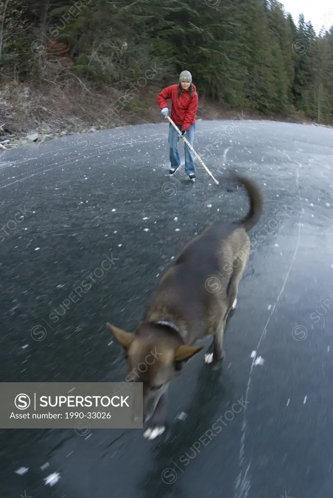 A young woman skating and playing pond hockey with a dog on Cottonwood Lake, Nelson, British Columbia