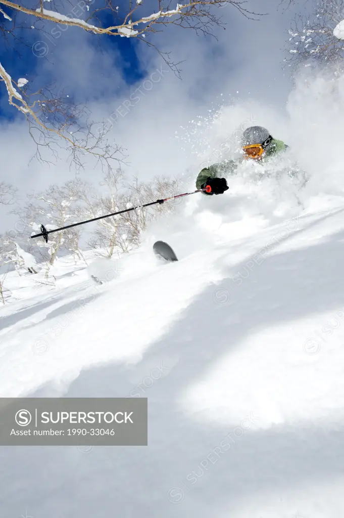 A skier in deep powder, Asahidake, Hokkaido, Japan