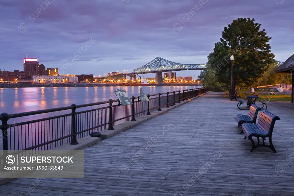 Island of Montreal and Jacques_Cartier Bridge as seen from St. Helen´s Island at dawn, Quebec, Canada.