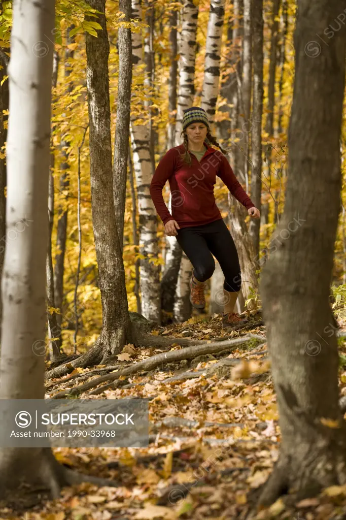 A young woman trail running in Mt Orford, Quebec