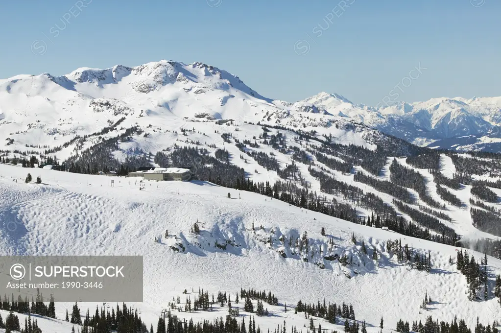 aerial of blackcomb mountain foreground and whistler mountain in background, british columbia, Canada