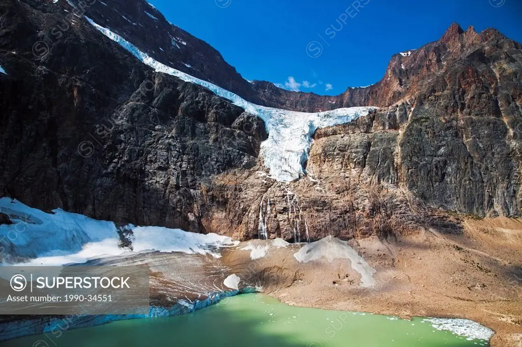 Angel Glacier and meltwater lake, Mount Edith Cavell, Jasper National Park, Alberta, Canada