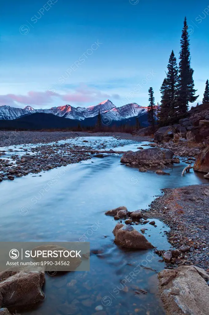 The Elbow River and the Rocky Mountains at Sunrise, Elbow Valley, Kananaskis Country, Alberta, Canada