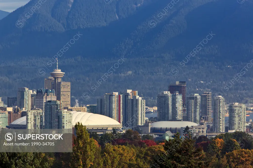 A view of the Vancouver skylne and the North Shore Mountains in autumn.Vancouver British Columbia Canada