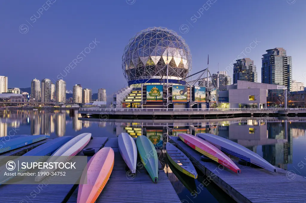 Dragon boats near Telus Science World, Vancouver, British Columbia, Canada
