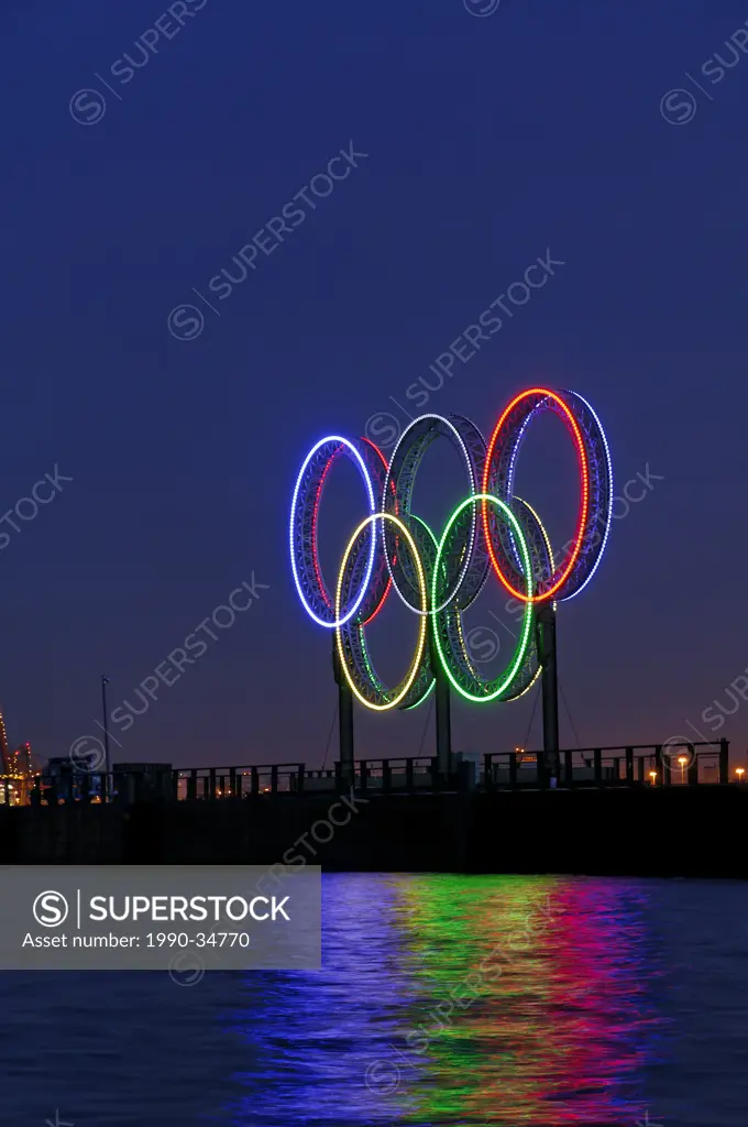 Illuminated 2010 Winter Olympic rings, Coal Harbour, Vancouver, British Columbia, Canada
