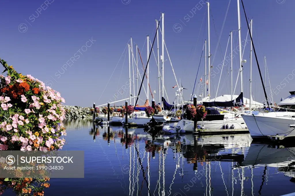 Flower baskets and yachts at the Port Sidney Marina in Sidney, British Columbia, Canada