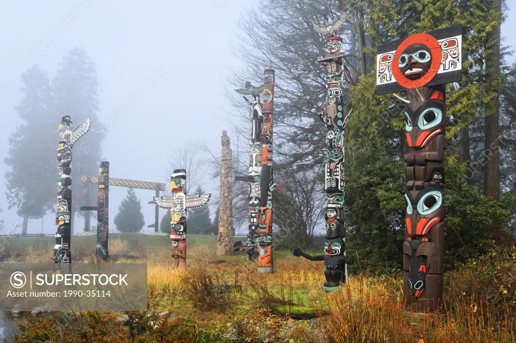 West Coast First Nations totem poles at Totem Park, Brockton Point, Stanley Park, Vancouver, British Columbia