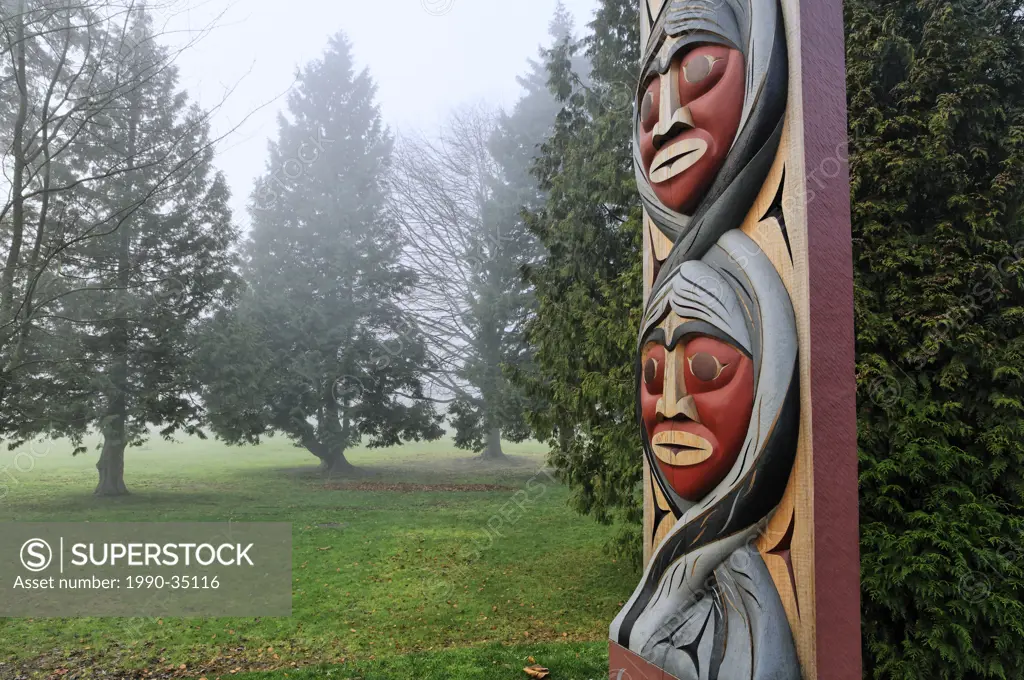 Portal post detail. Salish First Nation totem pole at Totem Park, Brockton Point, Stanley Park, Vancouver, British Columbia