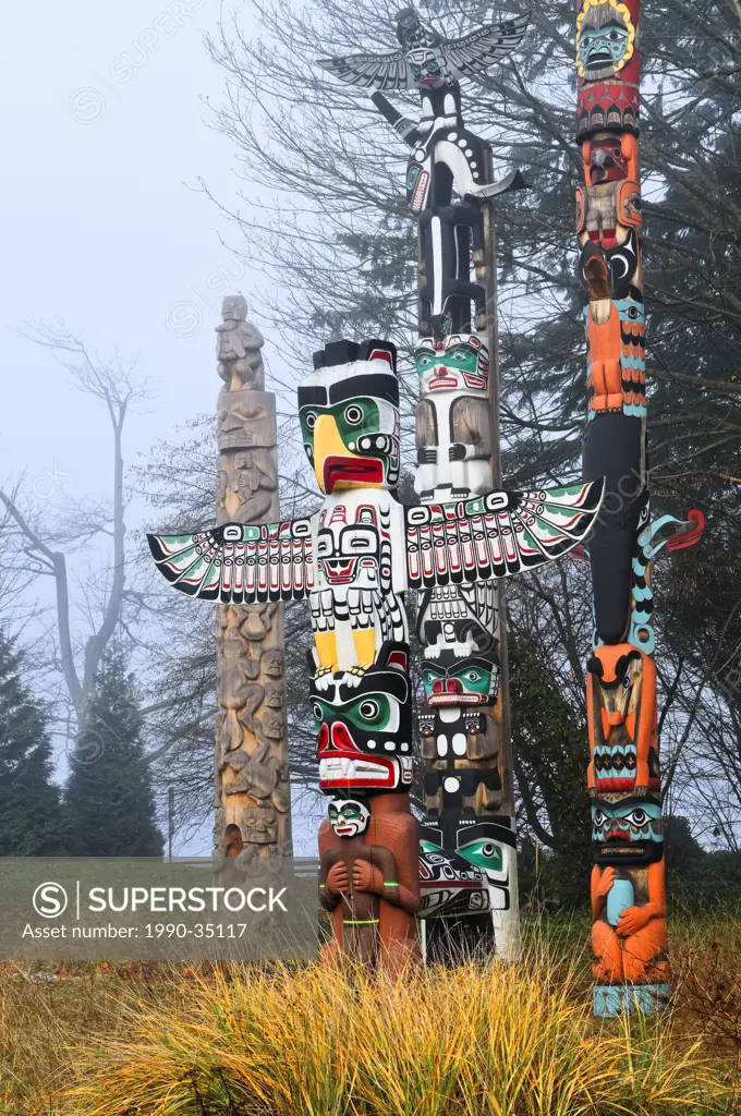 West Coast First Nations totem poles at Totem Park, Brockton Point, Stanley Park, Vancouver, British Columbia