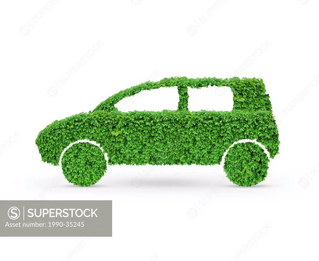 Green car. Automobile shape made from green leaves. Isolated on white background.