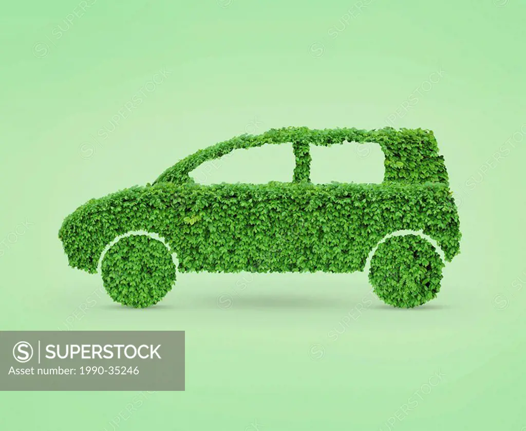 Green car. Automobile shape made from green leaves. Isolated on green background.