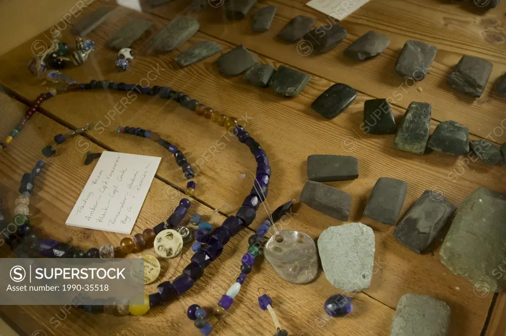 Artifacts in Billy Proctor´s museum on Gilford Island, include these trading beads form the 1800s, Echo Bay, Broughton Archipelago, British Columbia, ...