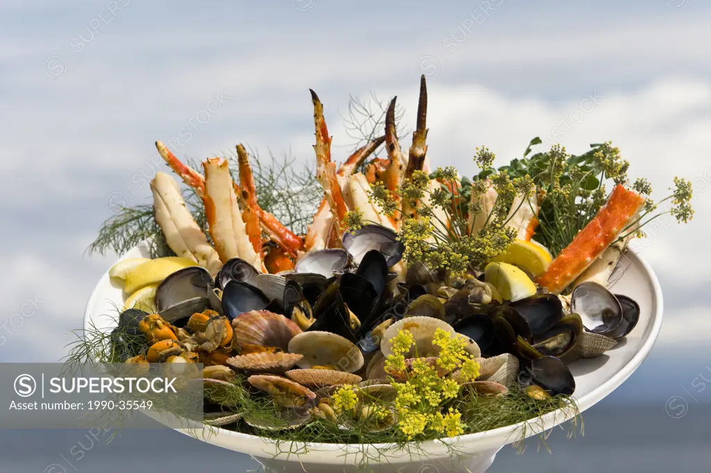 A still life seafood platter, Courtenay, The Comox Valley, Vancouver Island, British Columbia, Canada.