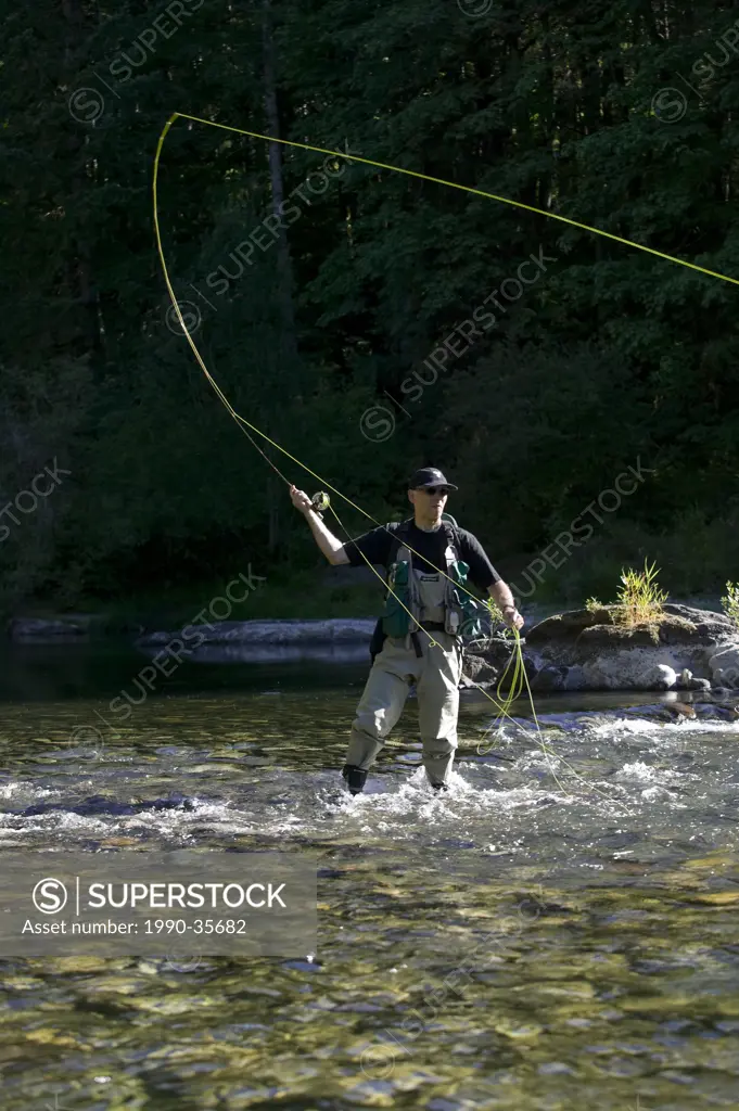 A fly_fisherman, Cowichan River, Cowichan Valley, Vancouver Island, British Columbia, Canada.
