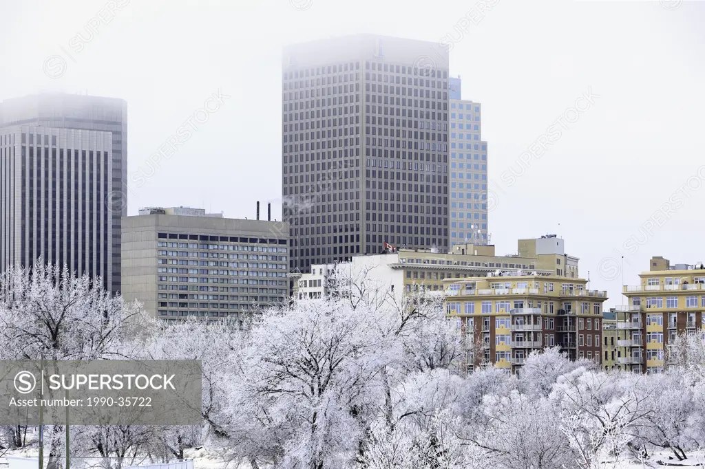 Downtown Winnipeg skyline on a frosty winter day. Winnipeg, Manitoba, Canada.