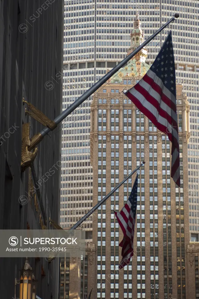 Flag and office tower, Manhatten, New York City, United States