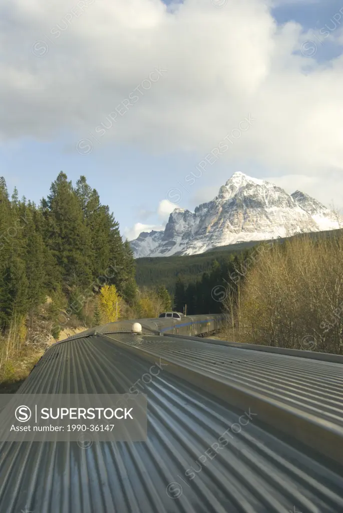 VIA´s Candian makes its way through the Rocky Mountains east of Jasper, Alberta.