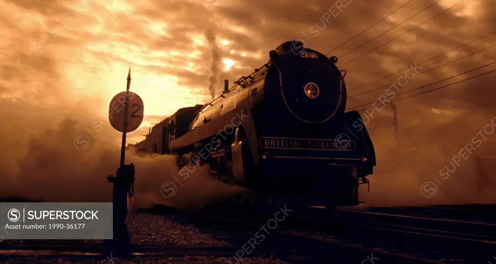 The Royal Hudson steam engine at daybreak, Vancouver, British Columbia, Canada