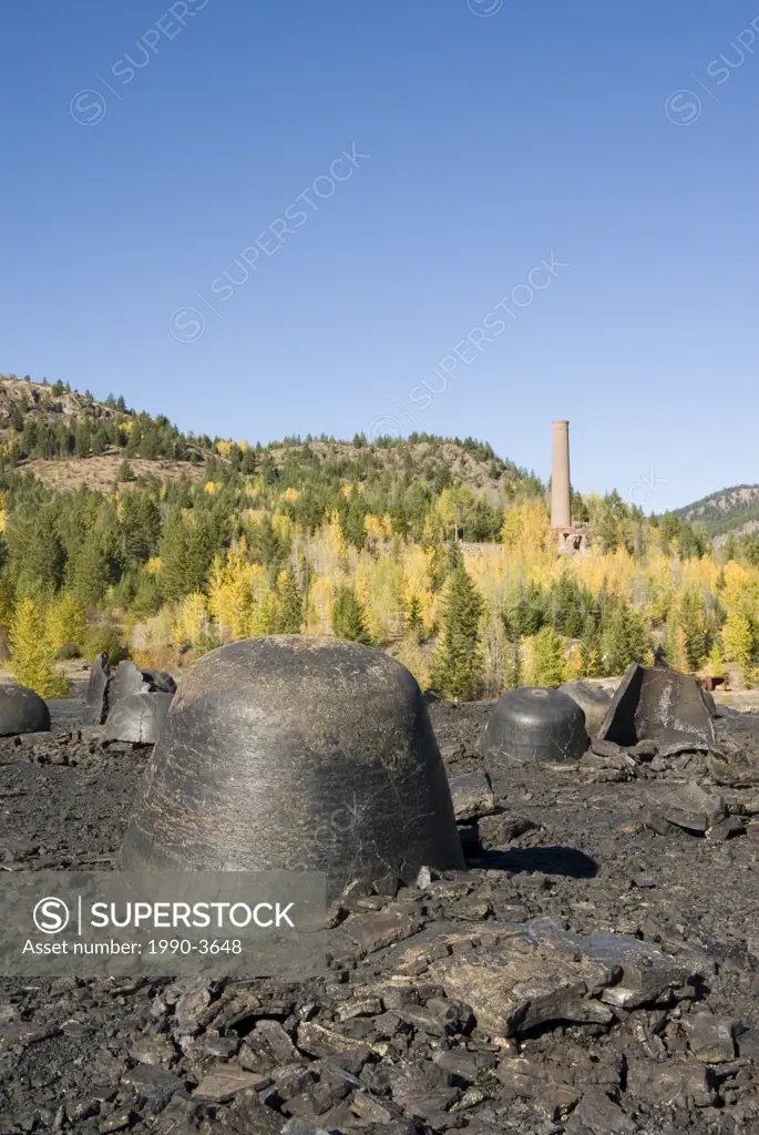 Historic Lotzkar Memorial Park with waste slag or Hell´s Bells, left over from the copper smelting process, greenwood, british columbia, canada