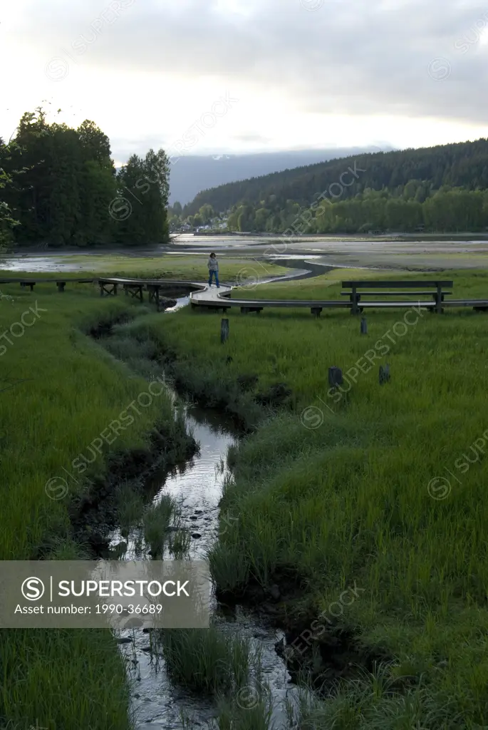 A woman walks along the boardwalk of Inlet Park near Rocky Point, Port Moody, British Columbia, Canada.