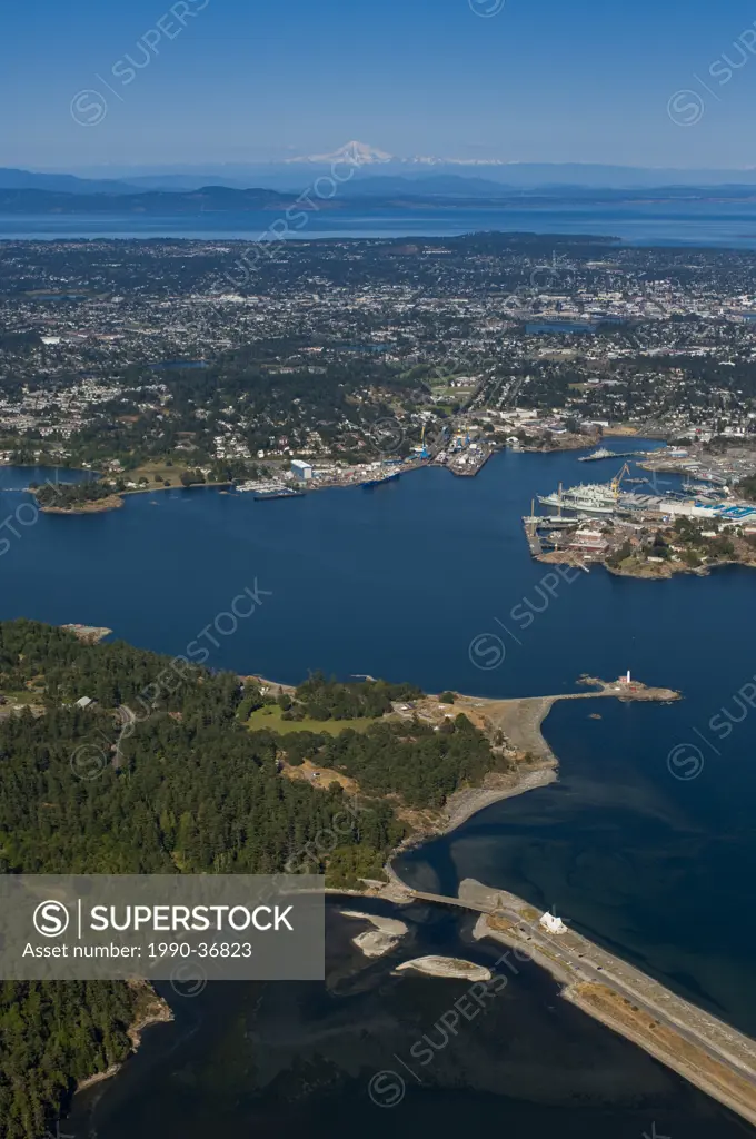 Aerial of Esquimalt Harbour, Fisgard Light in foreground, Victoria, British Columbia, Canada