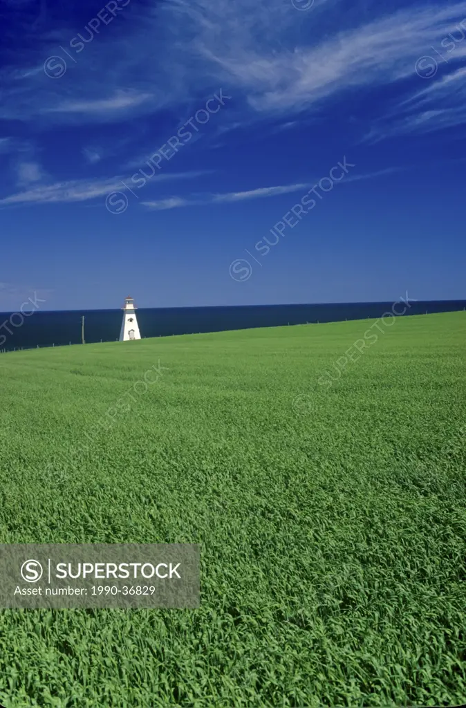 Farmland and Cape Tryon Lighthouse, Prince Edward Island, Canada.