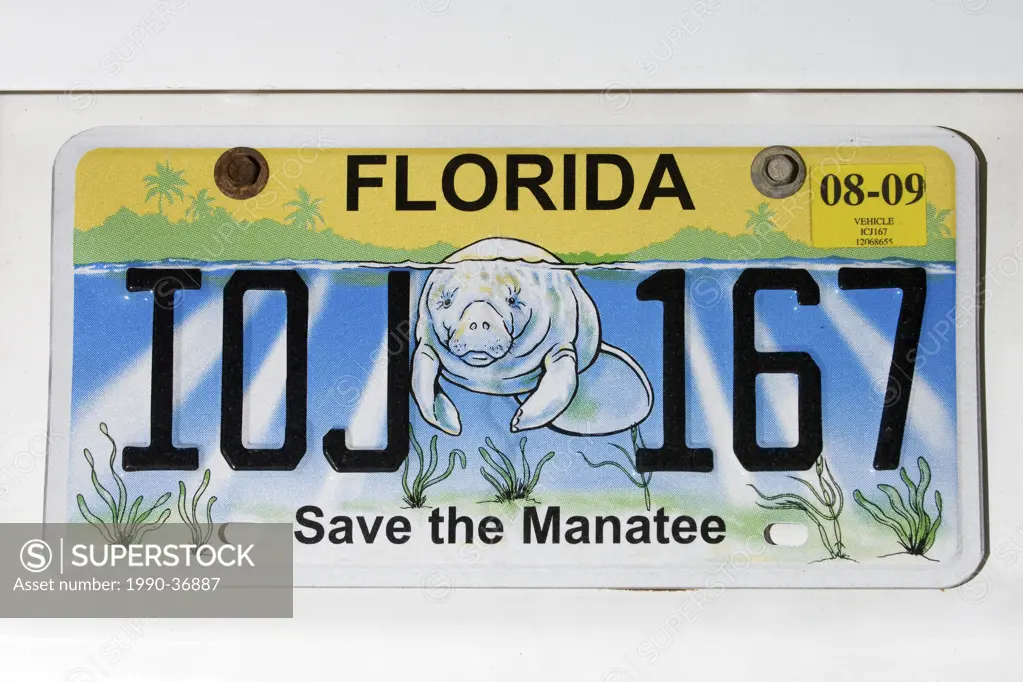 Save the manatee license plate, Florida, U.S.A.