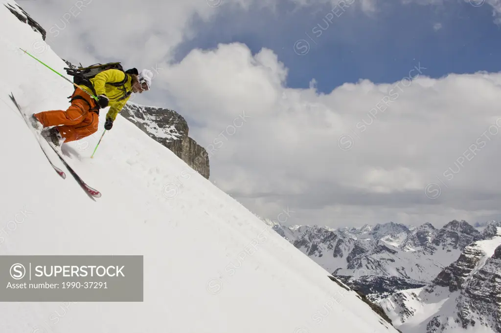 A backcountry skier in Mount Assiniboine, Mount Assiniboine Provincial Park, British Columbia, Canada