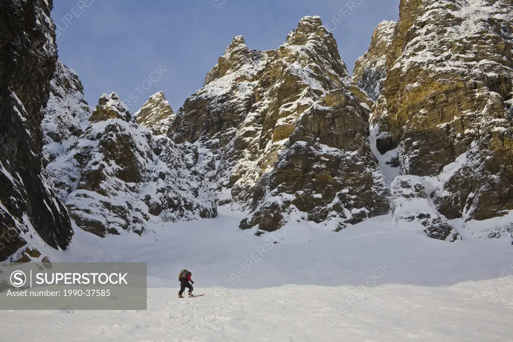 A man backcountry skiing, Mount Chephren, Icefields Parkway, Banff National Park, Alberta, Canada