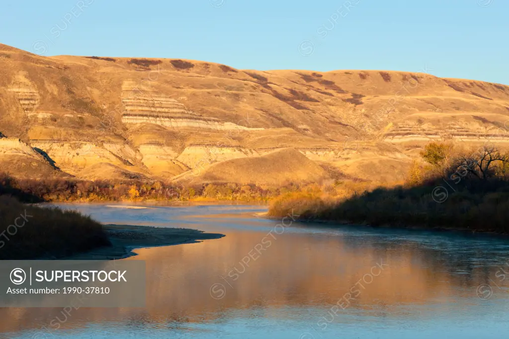 The Red Deer River running through The Badlands, East Coulee, Alberta, Canada.