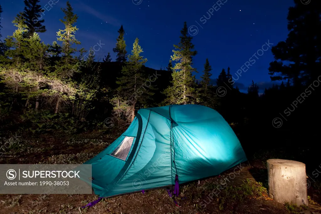 Tent at night among trees in Jasper National Park, Alberta, Canada.