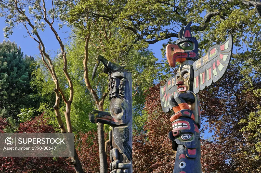 Totem poles at Thunderbird Park, Royal British Columbia Museum, Victoria, British Columbia, Canada.