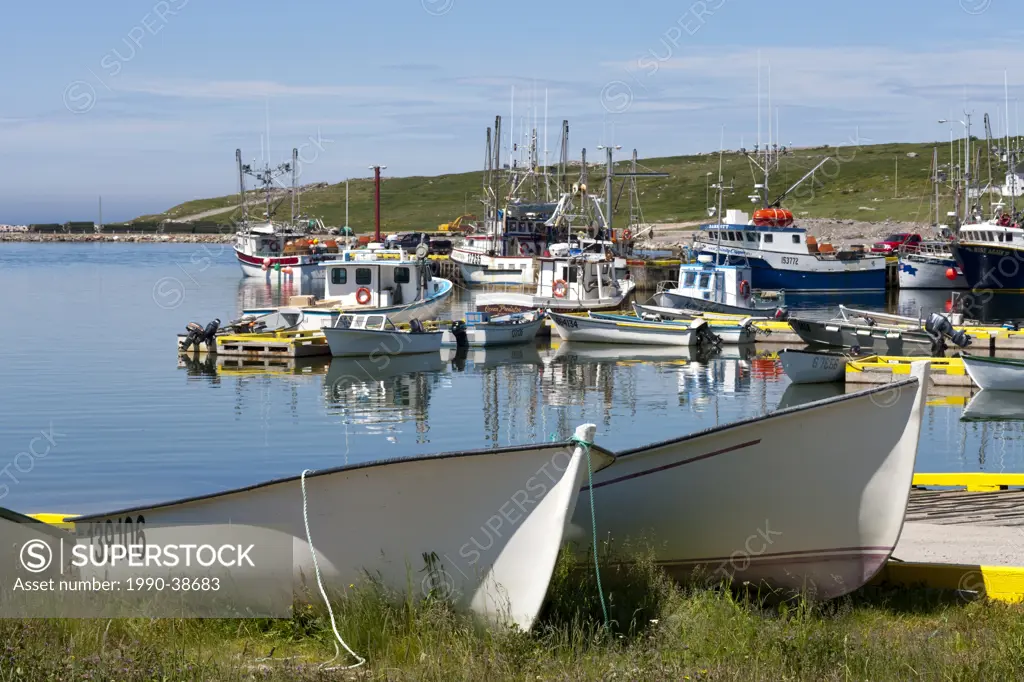 Fishing boats tied up at the wharf in Old Perlican, Newfoundland and Labrador, Canada.
