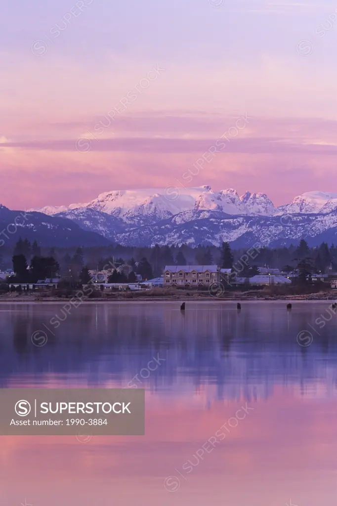 Early morning light on Comox Bay with Comox glacier in background, british columbia, canada