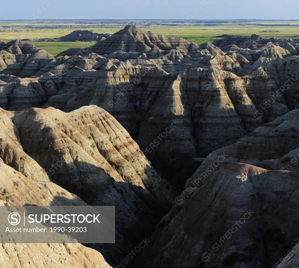 Sedimentary patterns and valleys in eroded mudstones. Badlands National Park, South Dakota, United States of America.