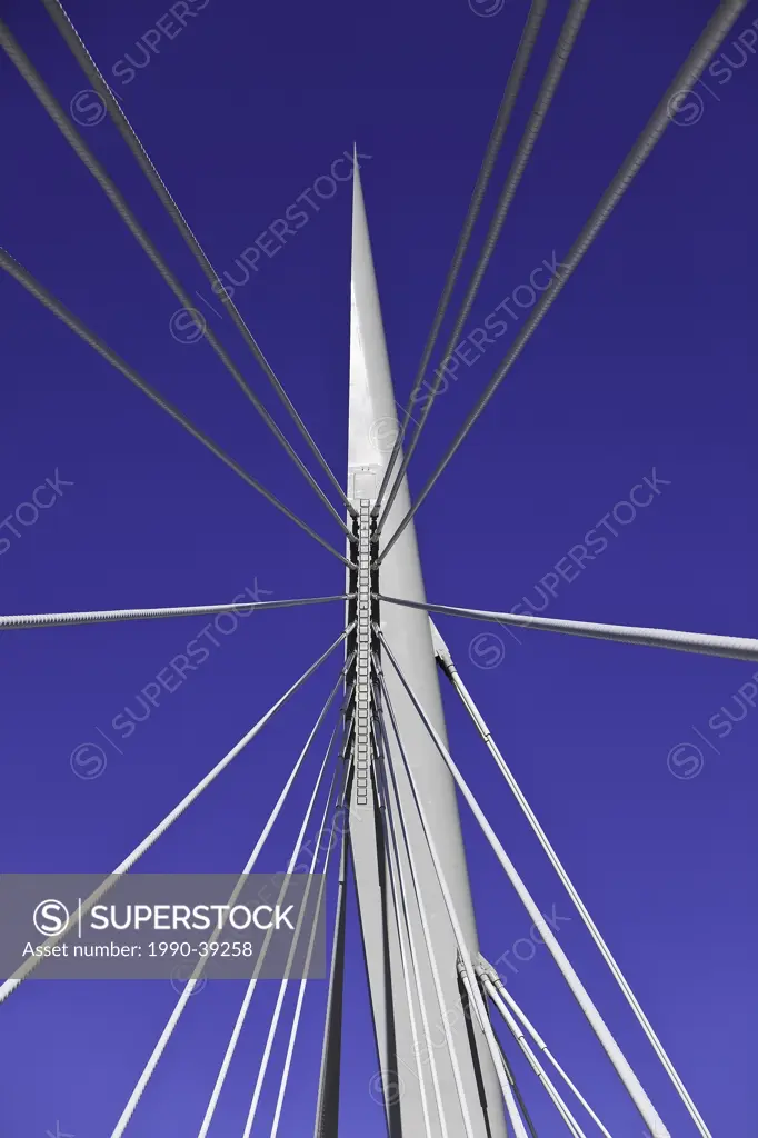 Support cables of the Esplanade Riel Bridge. A cable stay bridge in Winnipeg, Manitoba, Canada.