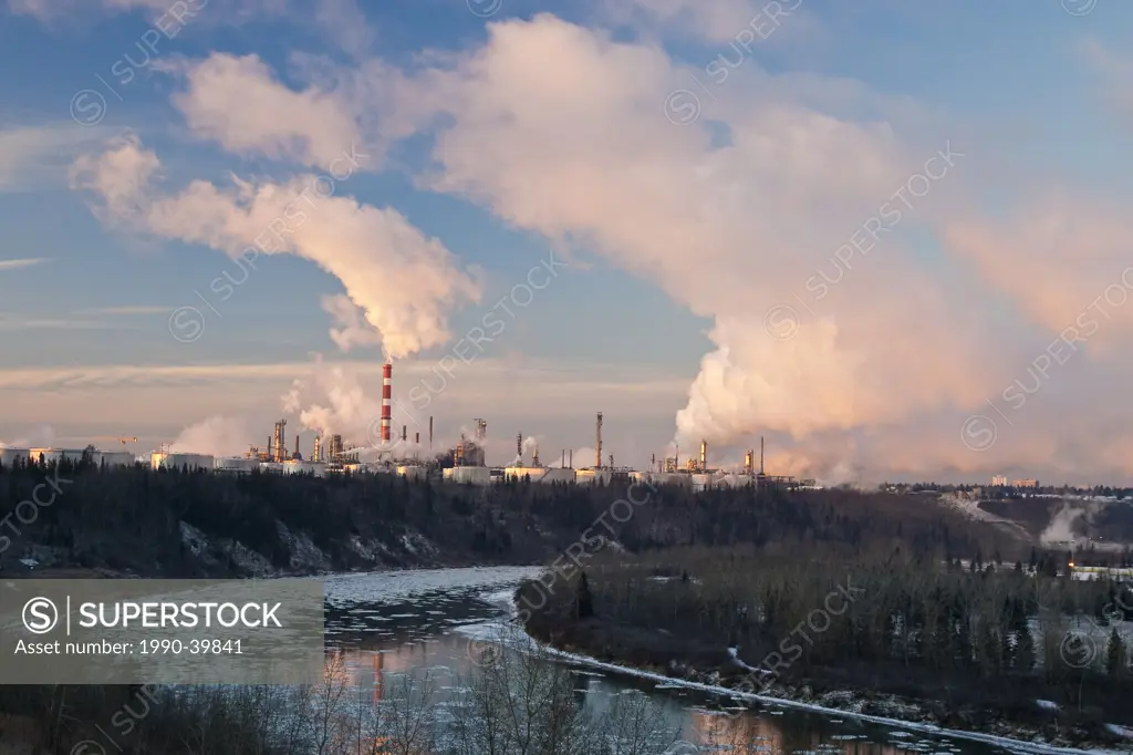 Oil refinery and North Saskatchewan River, Edmonton, Alberta, Canada.