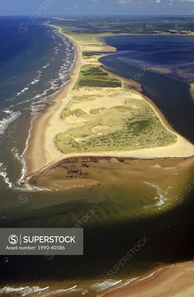 Aerial of St. Peters Bay, Blooming Point, Prince Edward Island National Park, Prince Edward Island, Canada.